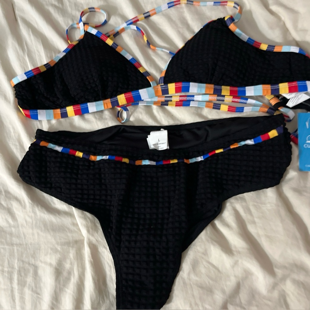 Cupshe colorful Trim Black Bikini Set‎ size large